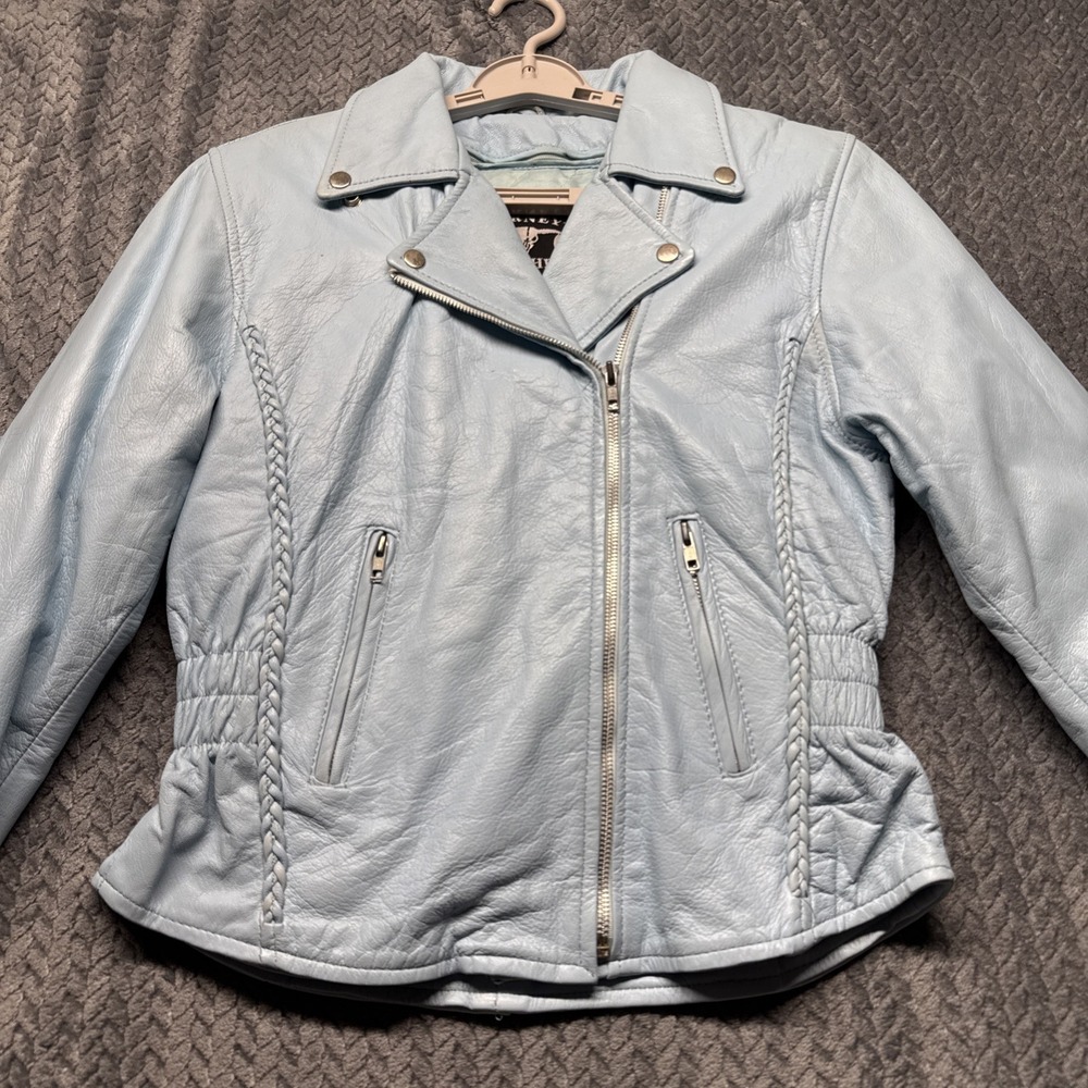 Barney's Leather Motorcycle Jacket Women's‎ Small Light Blue Full Zip Biker READ